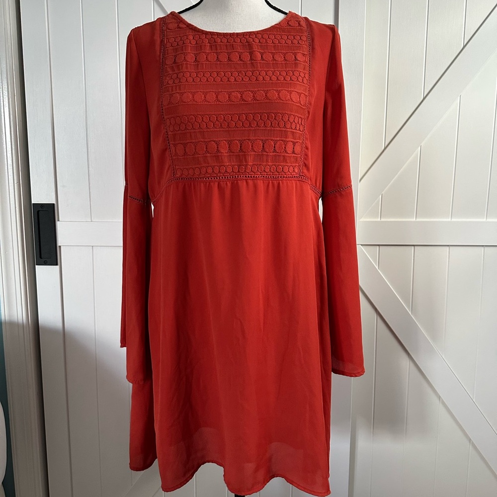 H&M Burnt Orange Boho Tunic Dress Size 12 Lace Detail Long Sleeve Flowy